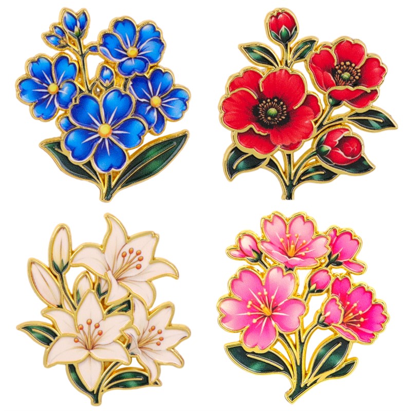 Supply Florist - เข็มกลัดเคลือบสีสันสดใสลายดอกไม้สไตล์วินเทจน่ารัก ลายดอกลิลลี่ เชอร์รี่ ดอกป๊อปปี้ ใบไม้สีฟ้า เหมาะสำหรับติดกระเป๋าเป้